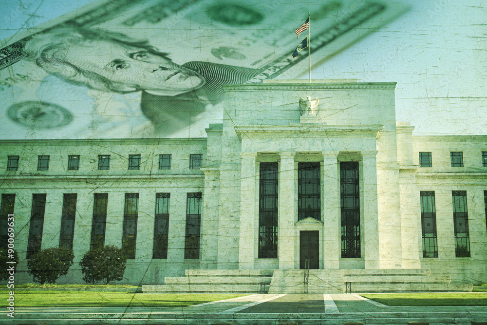 Obraz premium Federal Reserve building with twenty dollar bill on grunge textu