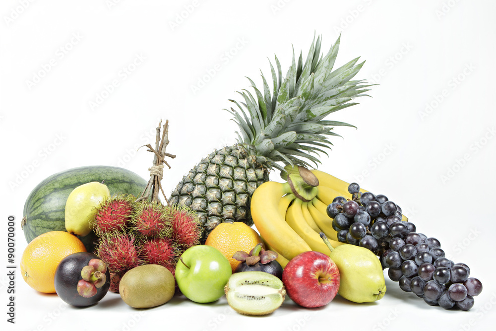 Fresh various fruits on isolated white background.