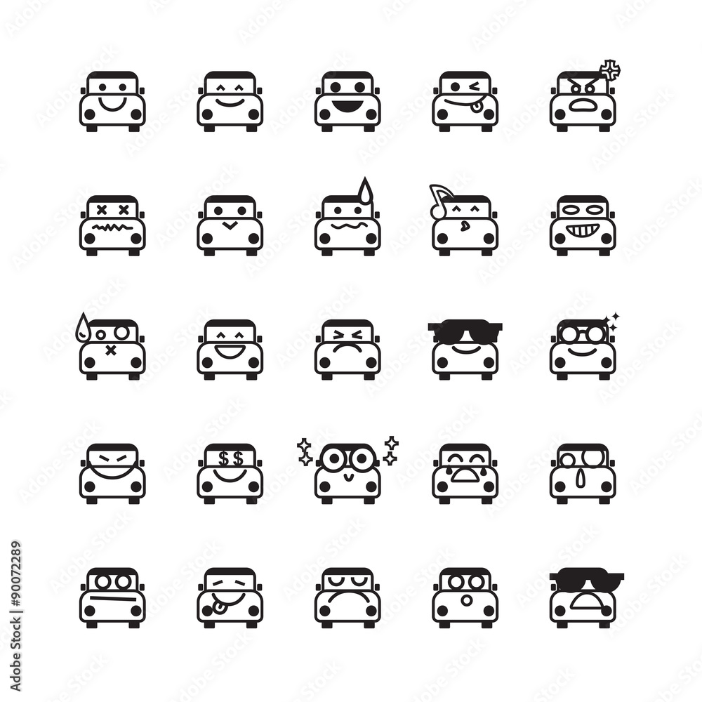 Collection of difference emoticon icon of car on the white backg Collection of difference emoticon icon of car on the white backg