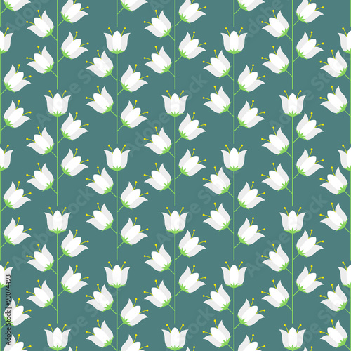 Floral seamless pattern of pastel blue and pink bellflower.