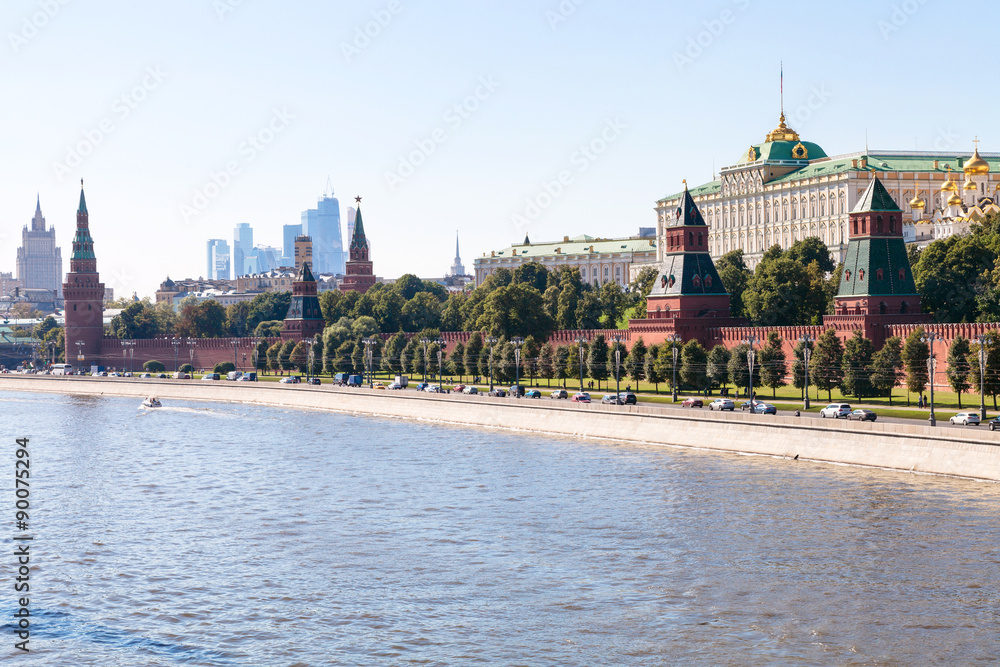 Obraz premium view of The Kremlin embankment in summer afternoon