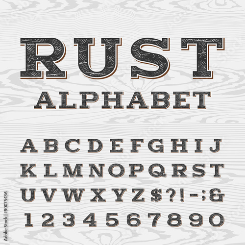 Retro distressed alphabet vector font. Serif type dirty letters, numbers and symbols on a light wood textured background. Vintage vector typography for labels, headlines, posters etc.