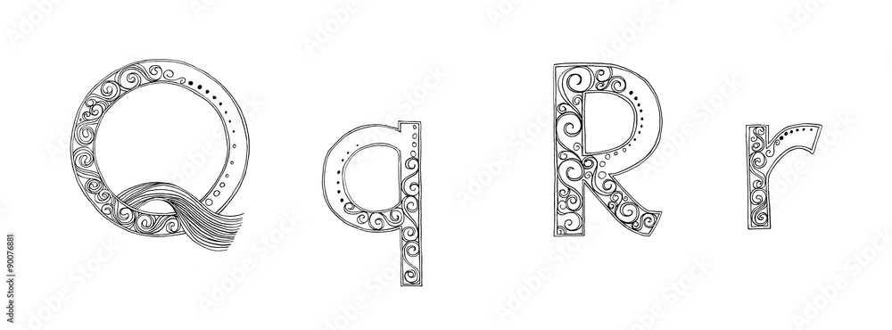 Fototapeta premium Q R Vanda freehand pencil sketch font