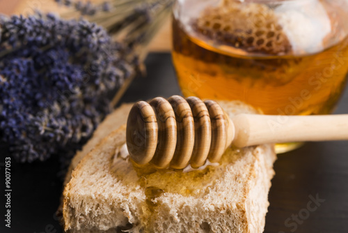 Bread and jar of lavender honey