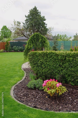 Spring landscape with pond and Rhododendron