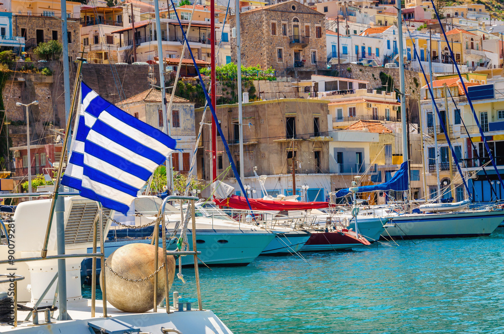Wunschmotiv: Blue white Greek flag on wind in Greece port, Kos #90079281