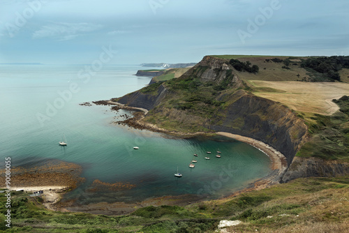 Chapman's Pool anchorage on the Isle of Purbeck viewed from the South West Coast Path looking towards Weymouth and Portland.  photo