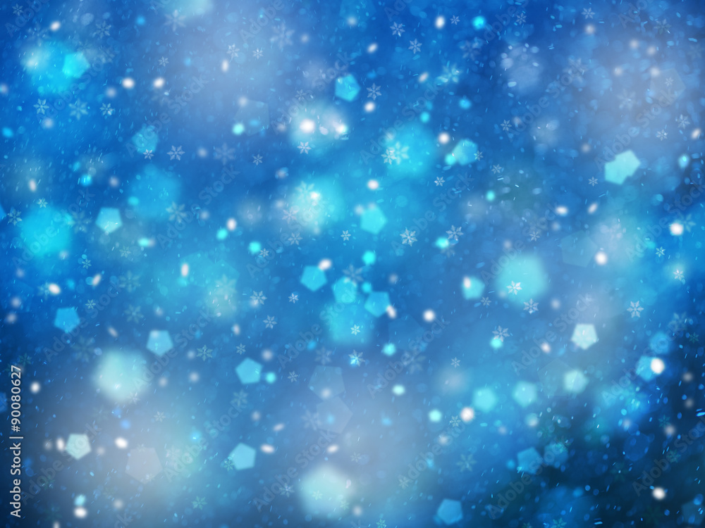 Dreamy blue colored snowfall Christmas and New Year illustration background. Beautiful blue color Christmas and New Year Holiday greeting card with place for message.
