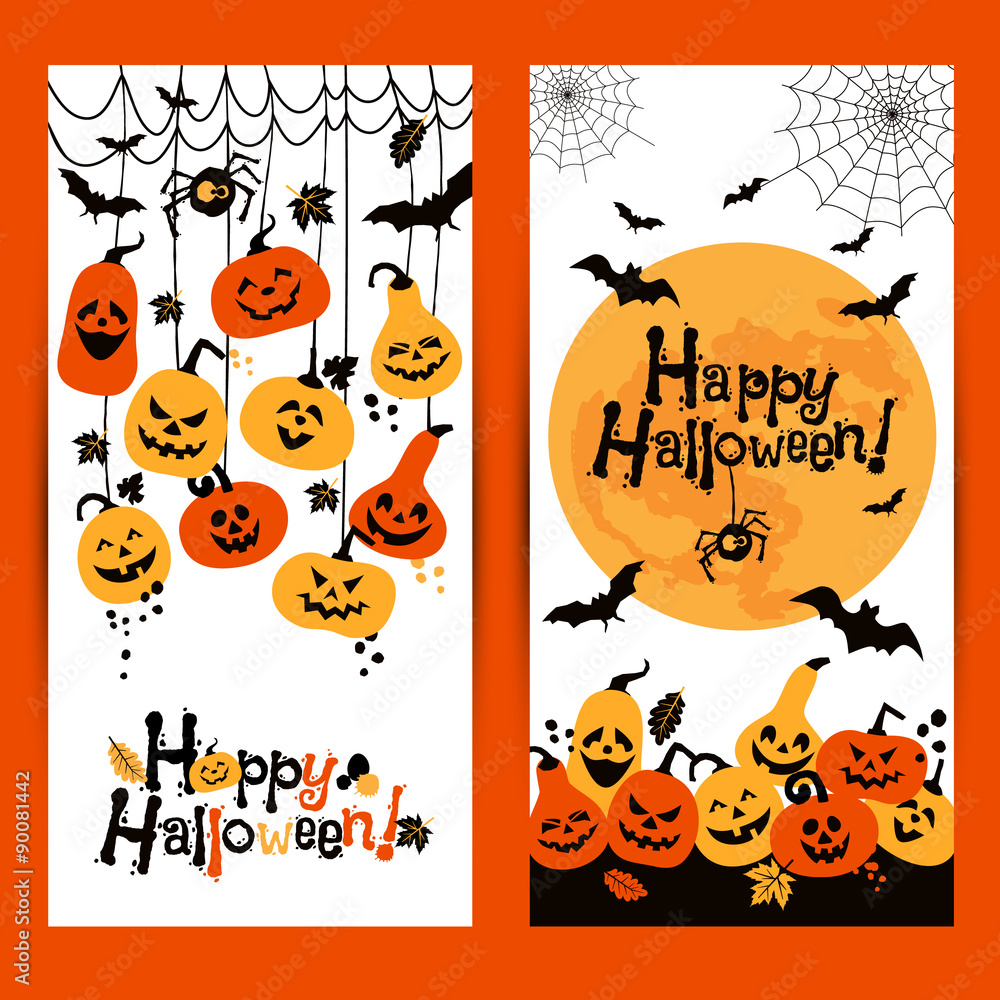 Halloween background banners of cheerful pumpkins with moon.