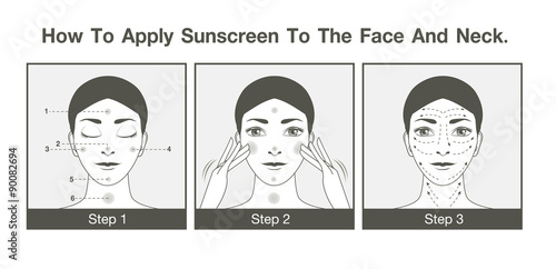 Step to apply sunscreen to face and neck for use to design packaging, label, illustration or other job