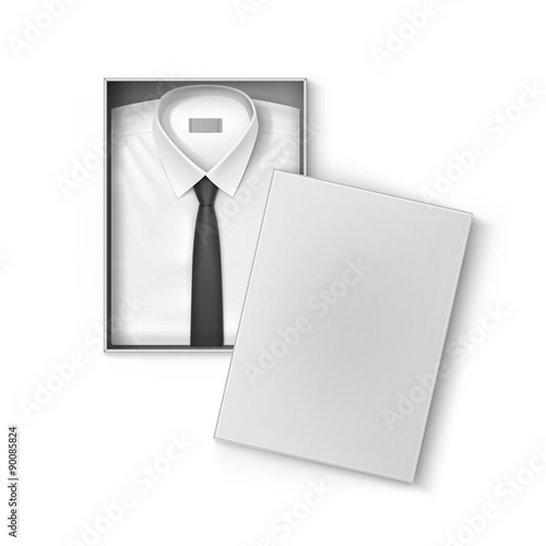 White classic men shirt with black tie in packaging box