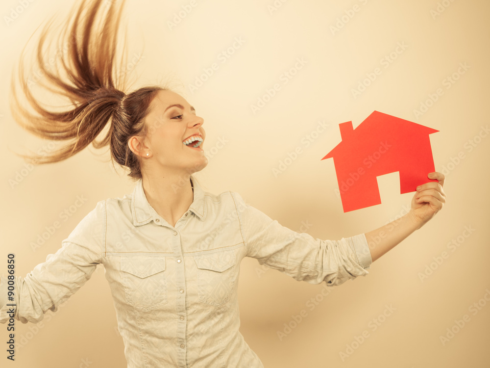 Woman and paper house. Housing real estate concept Woman and paper house. Housing real estate concept