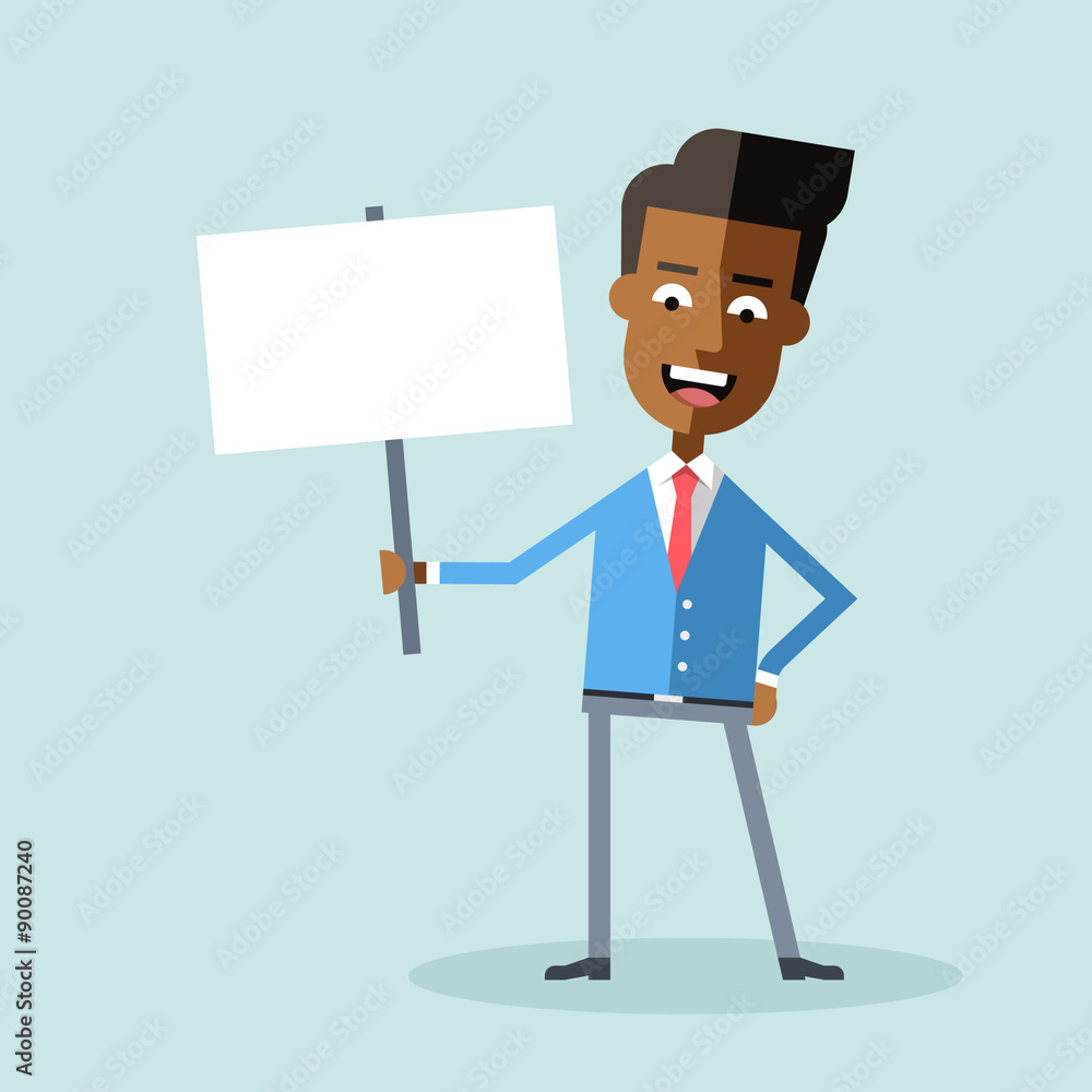 Handsome african american manager holding poster. Handsome african american manager holding poster.