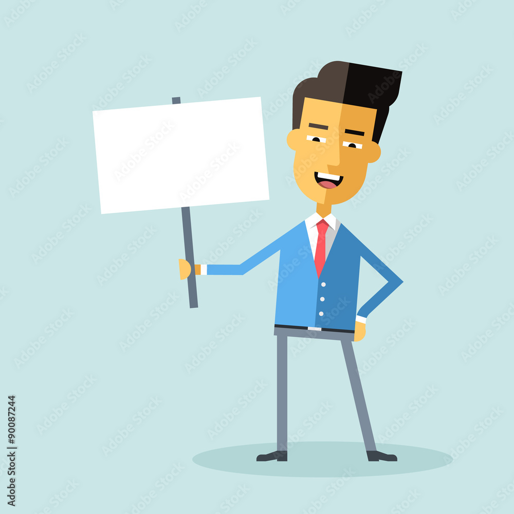 Handsome asian manager holding a poster. Cartoon character. Handsome asian manager holding a poster. Cartoon character.