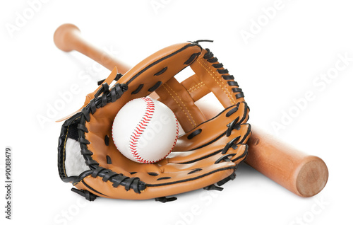 Leather glove with baseball and bat on white