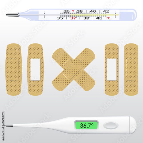 Set of two medical thermometers and patches. Mercury thermometer, digital thermometer, plaster.