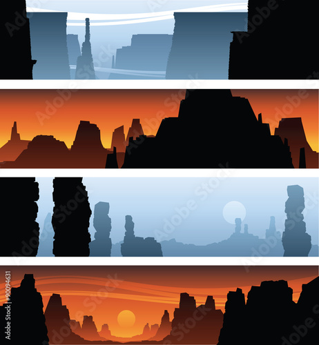 Banner illustrations of desert canyon silhouettes with pillars of rock.