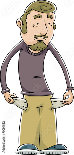 A cartoon man pulling out his empty pant pockets because he is unemployed and broke and in poverty.