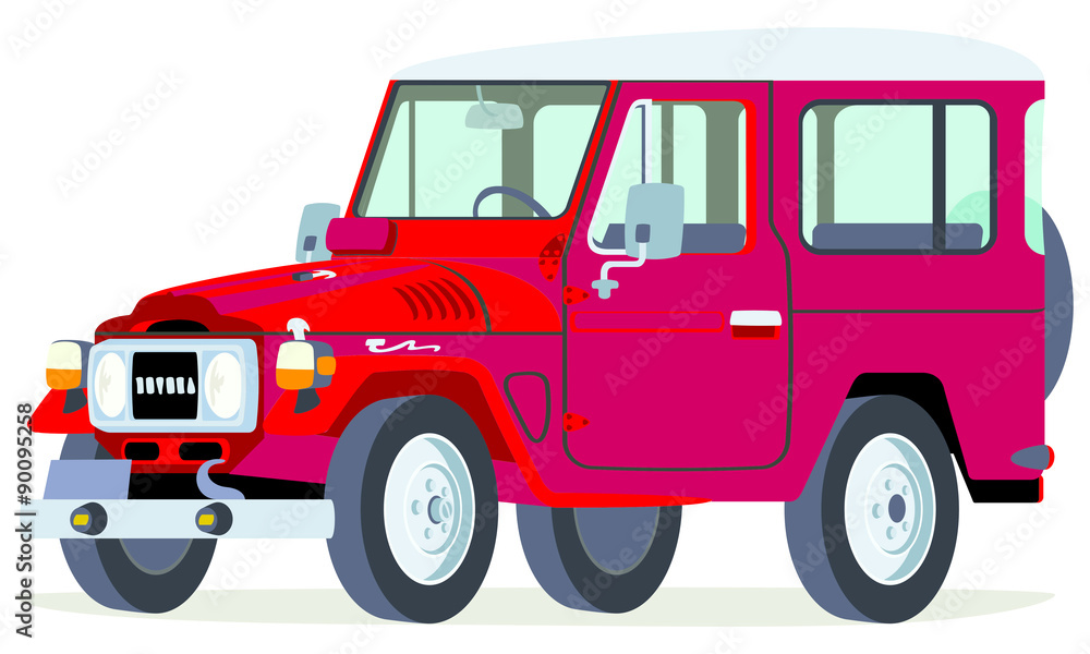 Caricatura Toyota Land Cruiser rojo vista frontal y lateral