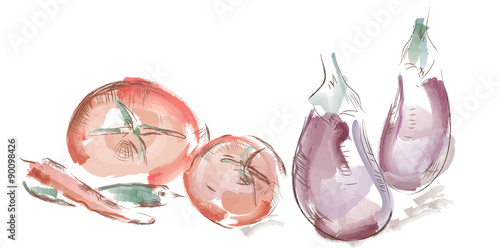 Watercolor vegetables. Tomatoes, aubergines and peppers
