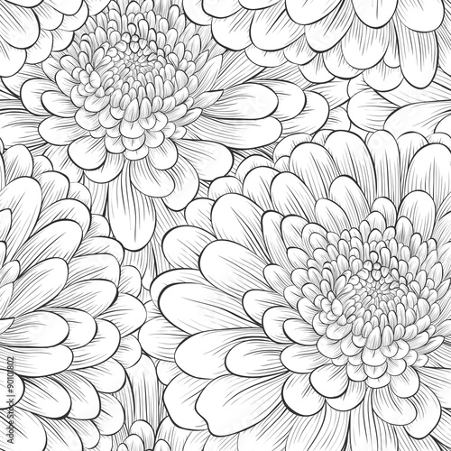 Beautiful seamless background with monochrome black and white flowers.