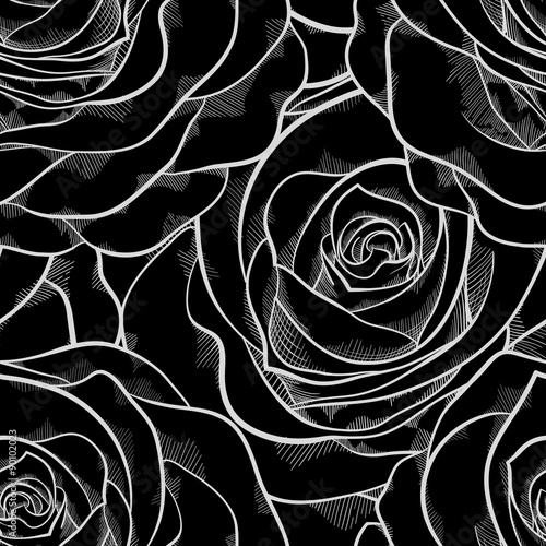 black and white seamless pattern in roses with contours.