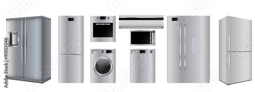 Home appliances. Set of household kitchen technics: Microwave and electric Oven, Dishwasher, refrigerator, split-system, washing machine.
