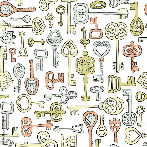 hand drawn vintage keys seamless pattern