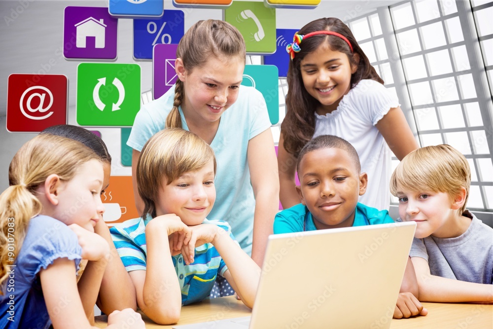 Composite image of cute pupils using tablet computer in library Composite image of cute pupils using tablet computer in library