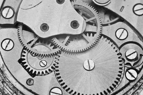 Black and white macro photo metal clockwork