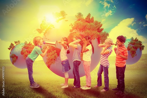 Composite image of cute pupil shouting in classroom 