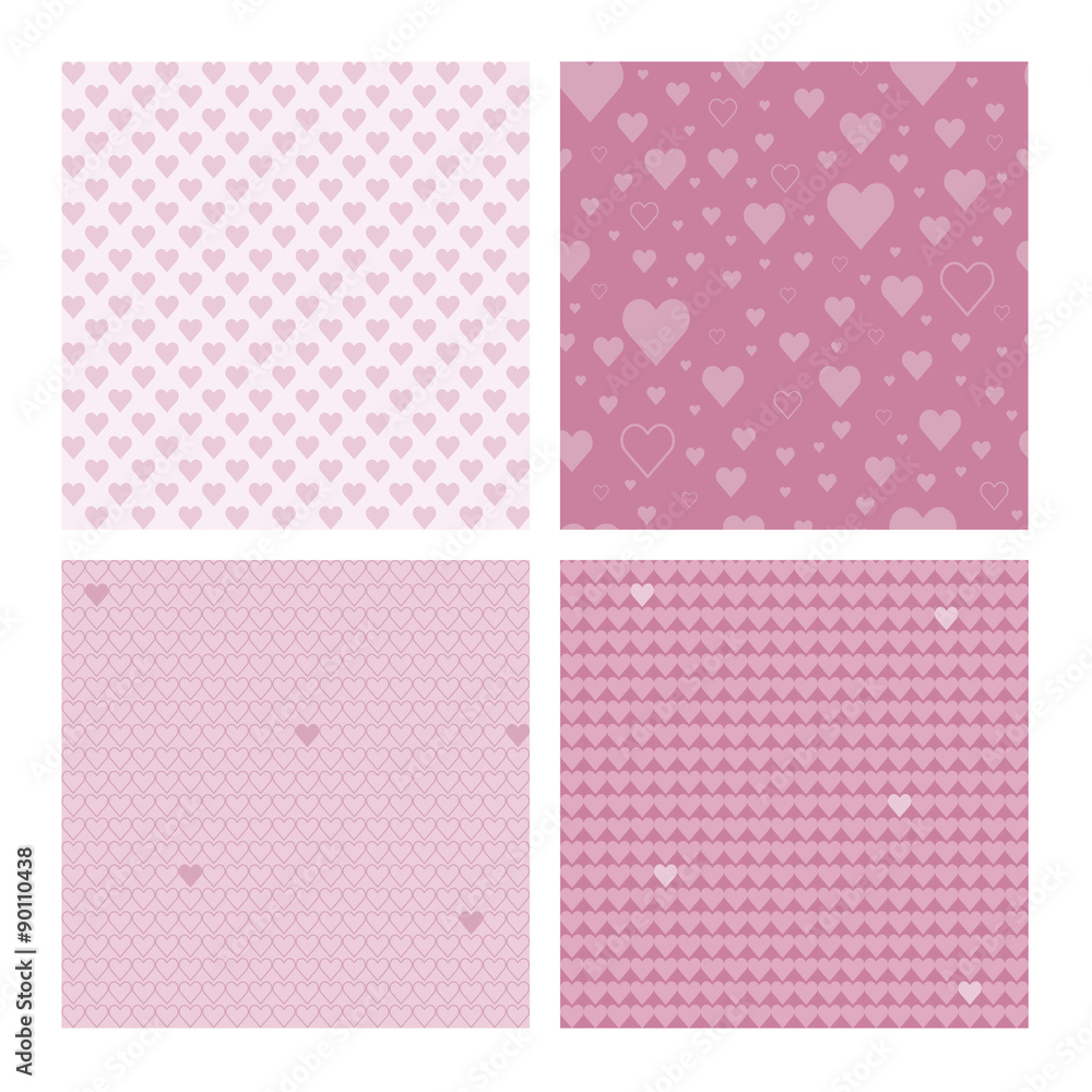 Set of 4 beautiful seamless patterns with hearts (tiling) for web page backgrounds, textile designs, fills, banners Set of 4 beautiful seamless patterns with hearts (tiling) for web page backgrounds, textile designs, fills, banners