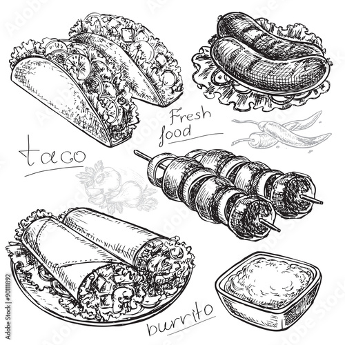 hand drawn fast food burritos or tacos