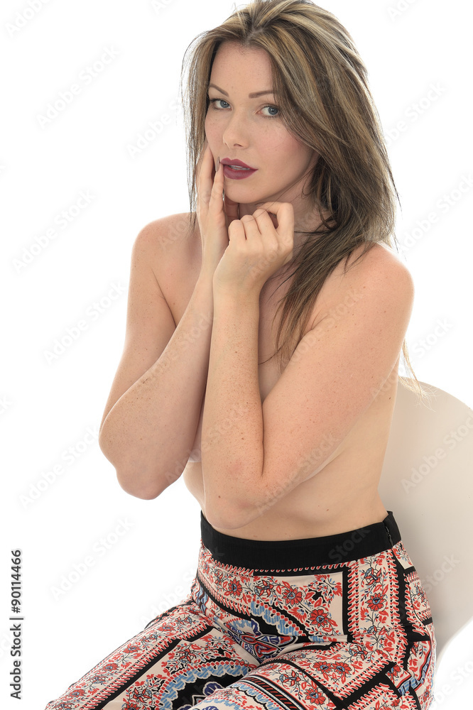 Naklejka premium Attractive Young Sexy Topless Pin Up Model Wearing Hippy Pants