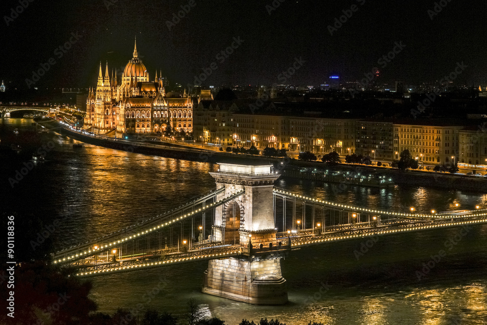 Chain bridge and Parliament in night Budapest