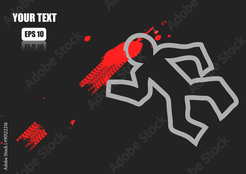 Vector : Chalk outline of dead body blood and no entry label on a road