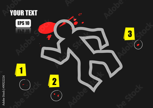 Vector : Chalk outline of dead body and blood on a road