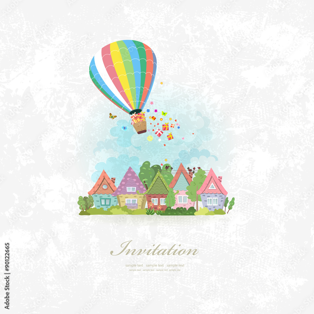 vintage invitation card with hot air balloon over the city with