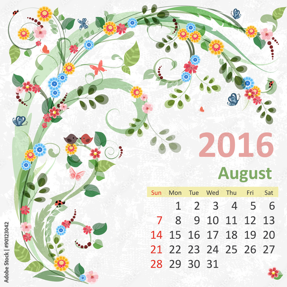 Calendar For 16 August Stock Vector Adobe Stock