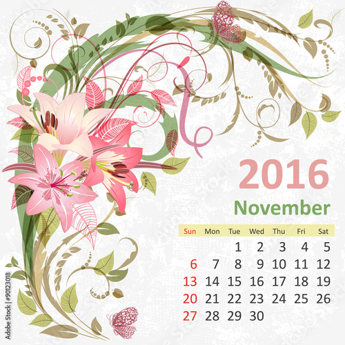 Calendar for 2016, November