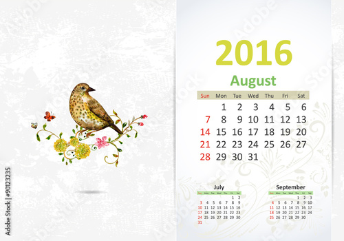 Calendar for 2016, August