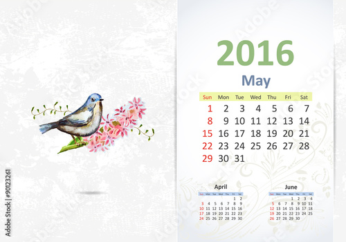 Calendar for 2016, may