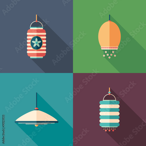 Modern lamps flat square icons with long shadows.