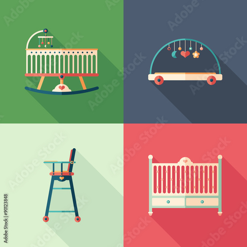 Baby furniture flat square icons with long shadows.