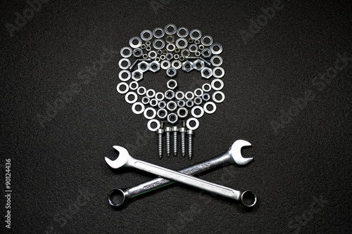 Metal art. Jolly Roger made by screw nuts, washers and bolts