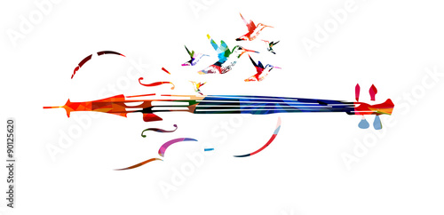 Colorful violoncello with hummingbirds