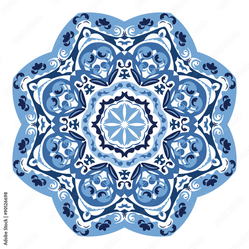 Round blue ornament. Vector design in gzhel style.