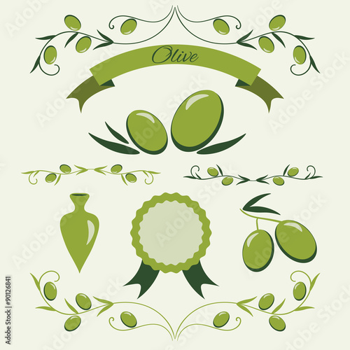 Olive logo design and elements.  Vector set.