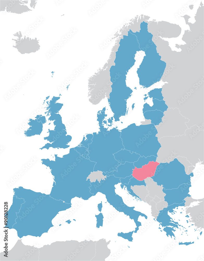 Obraz premium Europe and European Union map with indication of Hungary