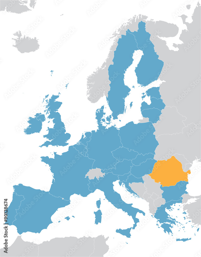 Obraz premium Mapa Europy i Unii Europejskiej ze wskazaniem Rumunii